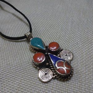 Tribal "RED CORAL, TURQUOISE & LAPIS" Handmade  Sterling Pendant/Black Leather